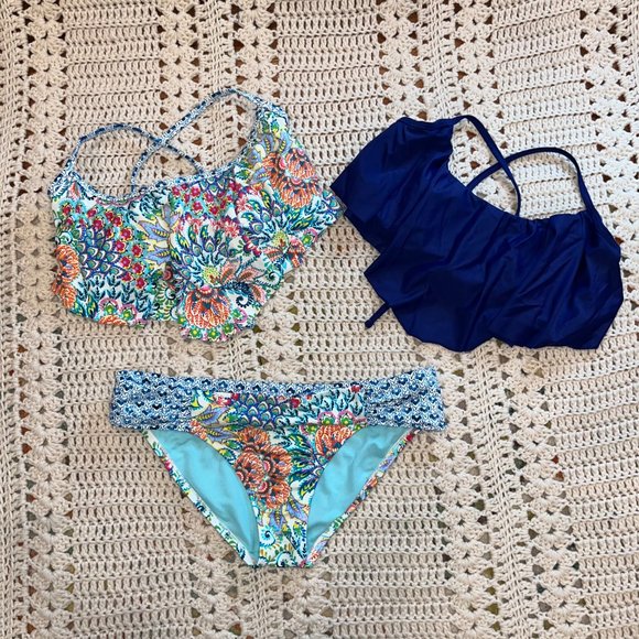 Profile Blush Triangle Ruffle Navy Blue Bikini Top Size Medium F-Cup - Picture 9 of 9